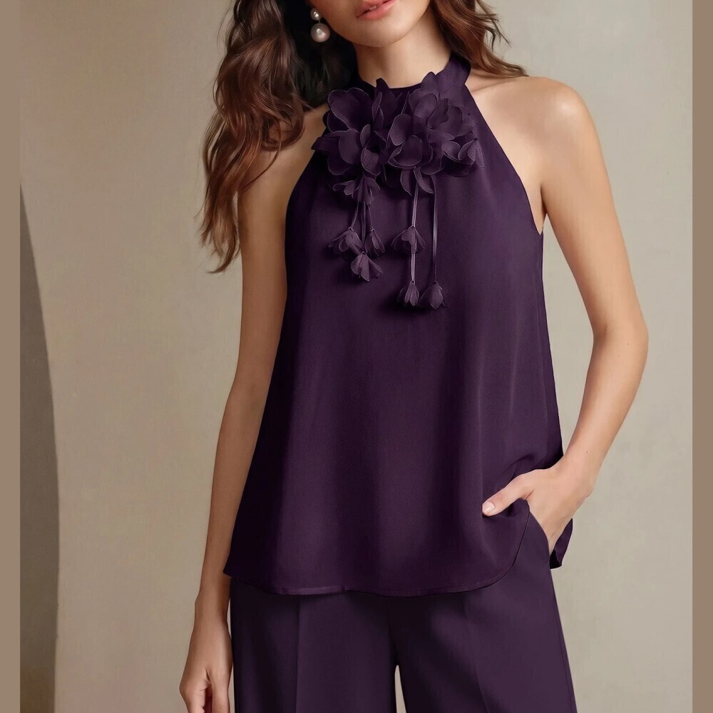 Plum Purple Chiffon 3D Floral Applique Halter Neck Top